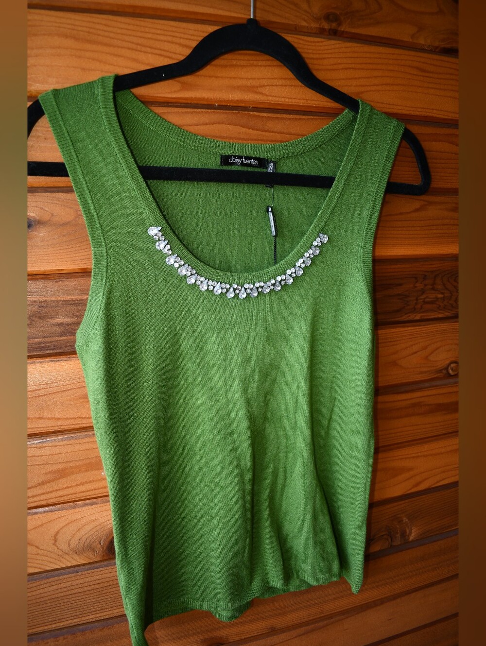 Daisy Fuentes Green Sleeveless Knit Top Rhinestones